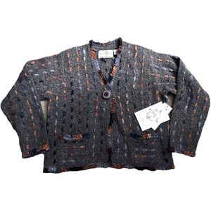 Design Options 100% Wool Cardigan Sweater Stitch Design Gray Brown Camel Small